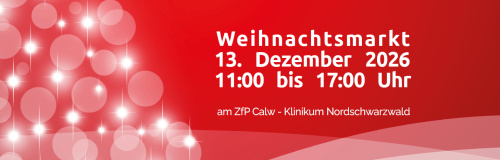Rotes Bild mit weißem Tannenbaum und Schriftzug Weihnachtsmarkt mit Datum und Uhrzeit