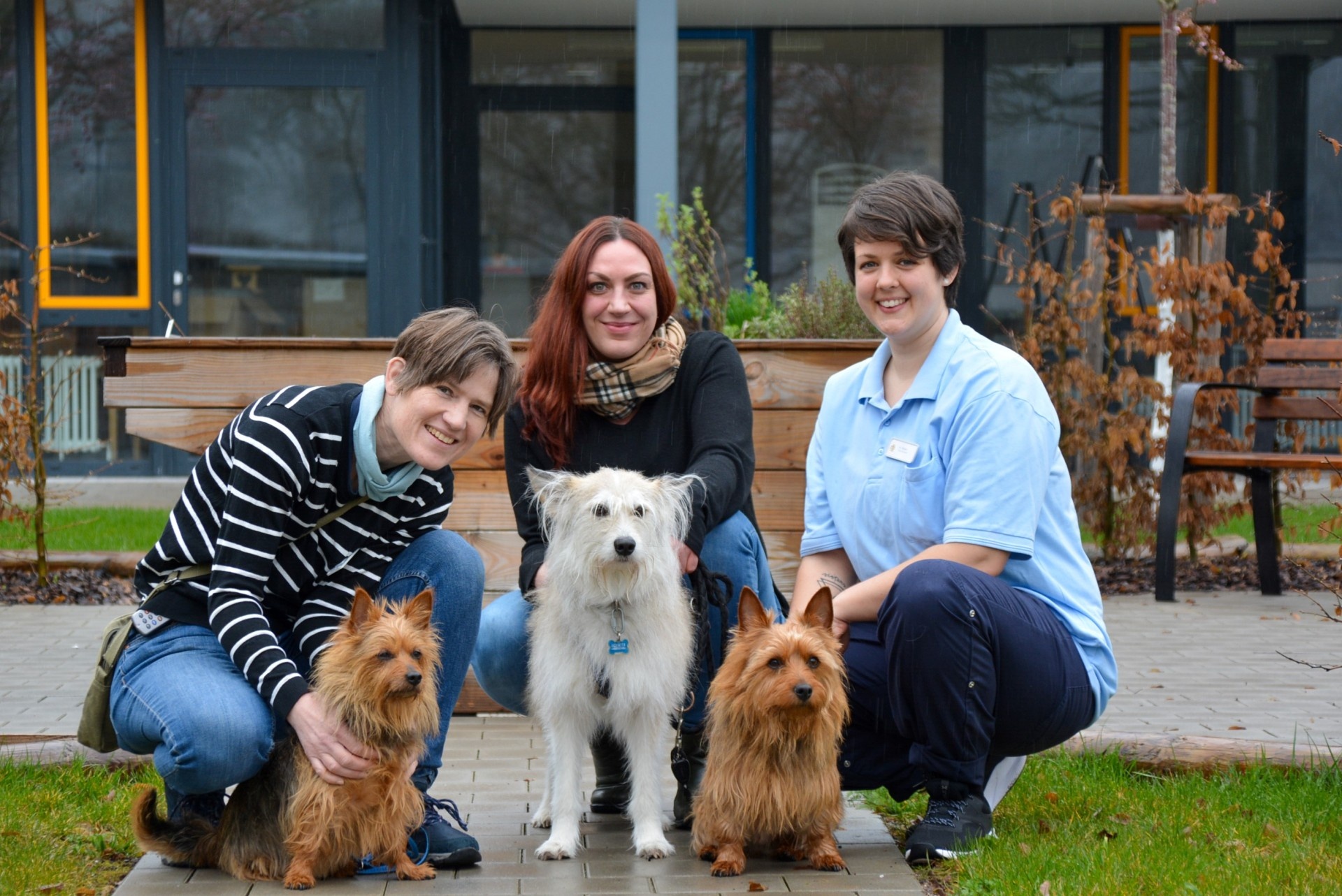 Mitarbeiterinnen der tiergestützten Therapie mit den drei Therapiehunden