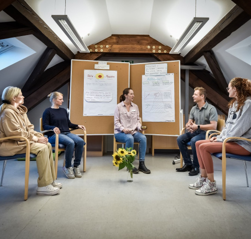 Fünf Personen sitzen im Stuhlkreis vor zwei Plakatwänden