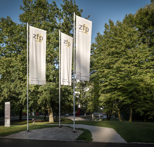 Drei Fahnenmasten und Fahnen mit ZfP-Logo vor grünen Bäumen